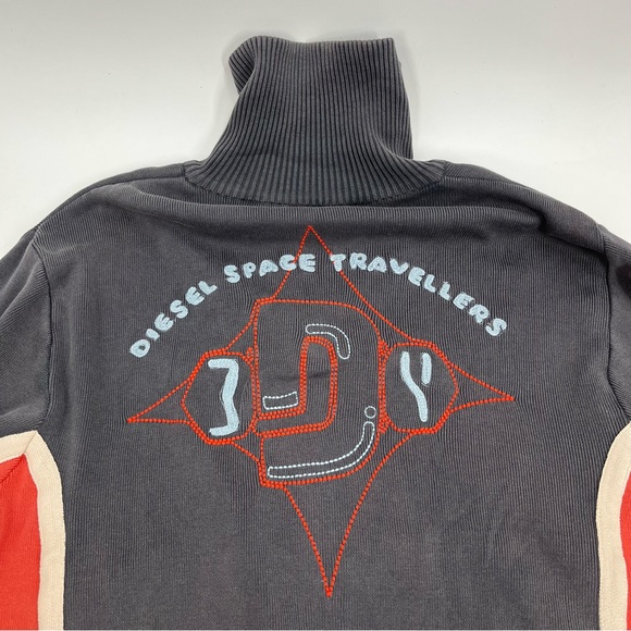 Diesel Jumper Mens XXL Grey Orange Sweater Full Zip Mock Neck Space Travelers - Picture 5 of 9